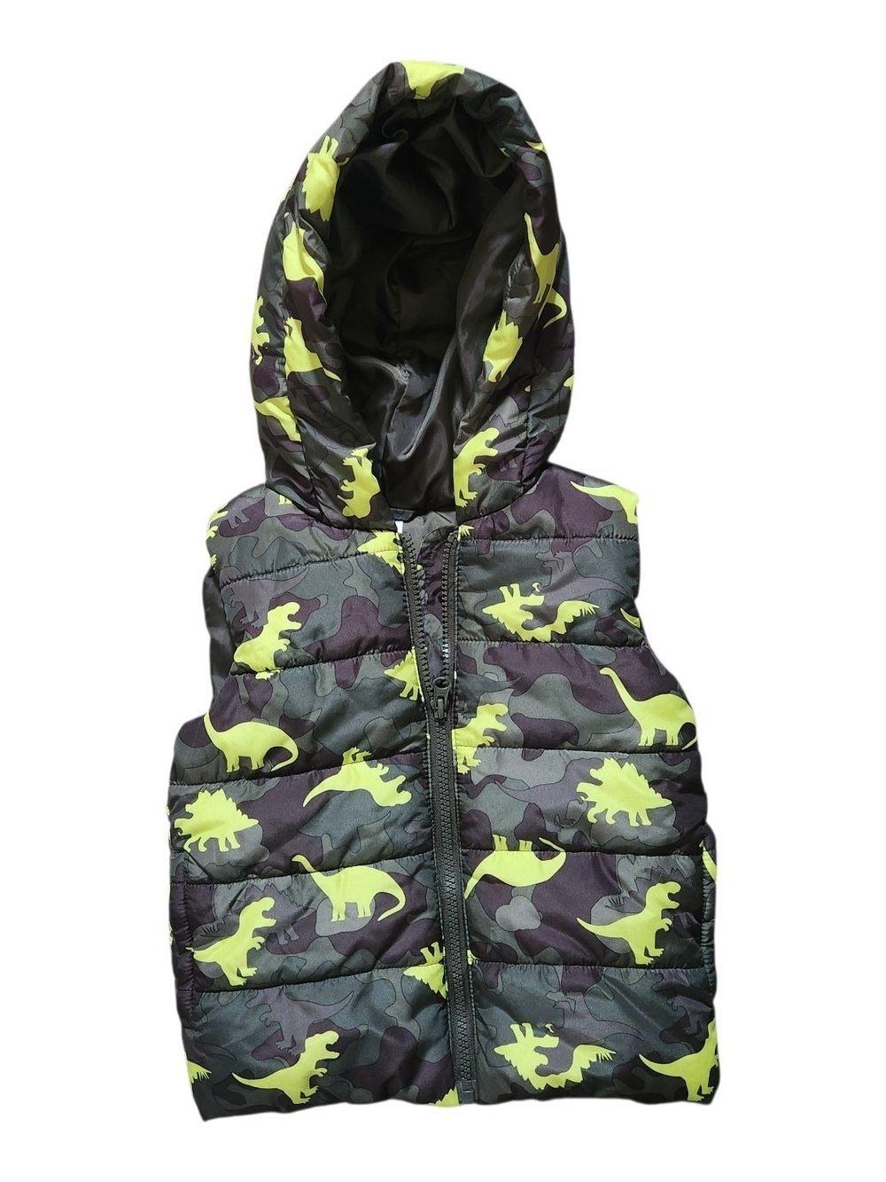 Kids Puffer Vest with Neon Camo Green Dino Print 3-D Orange Spikes On Hood  3T